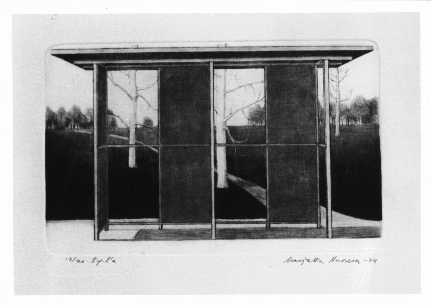 pensilina in paesaggio con betulle (stampa) di Nuoreva Marjatta (sec. XX)