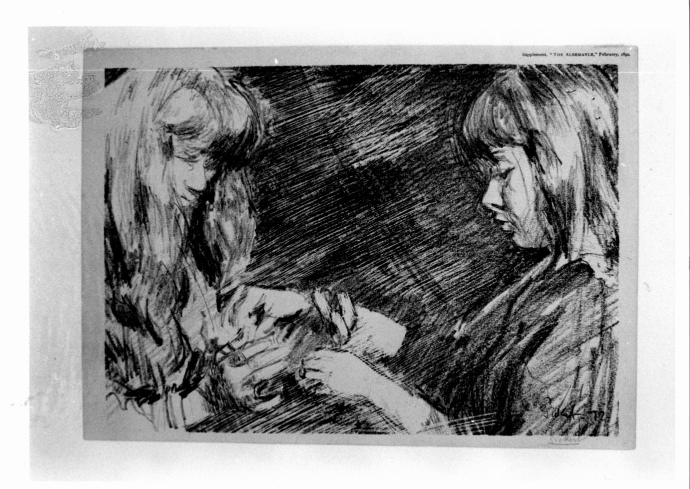 Cat's cradle, Coppia di bambine intente a giocare a "ripiglino" (stampa) di Sickert Walter Richard (sec. XIX)