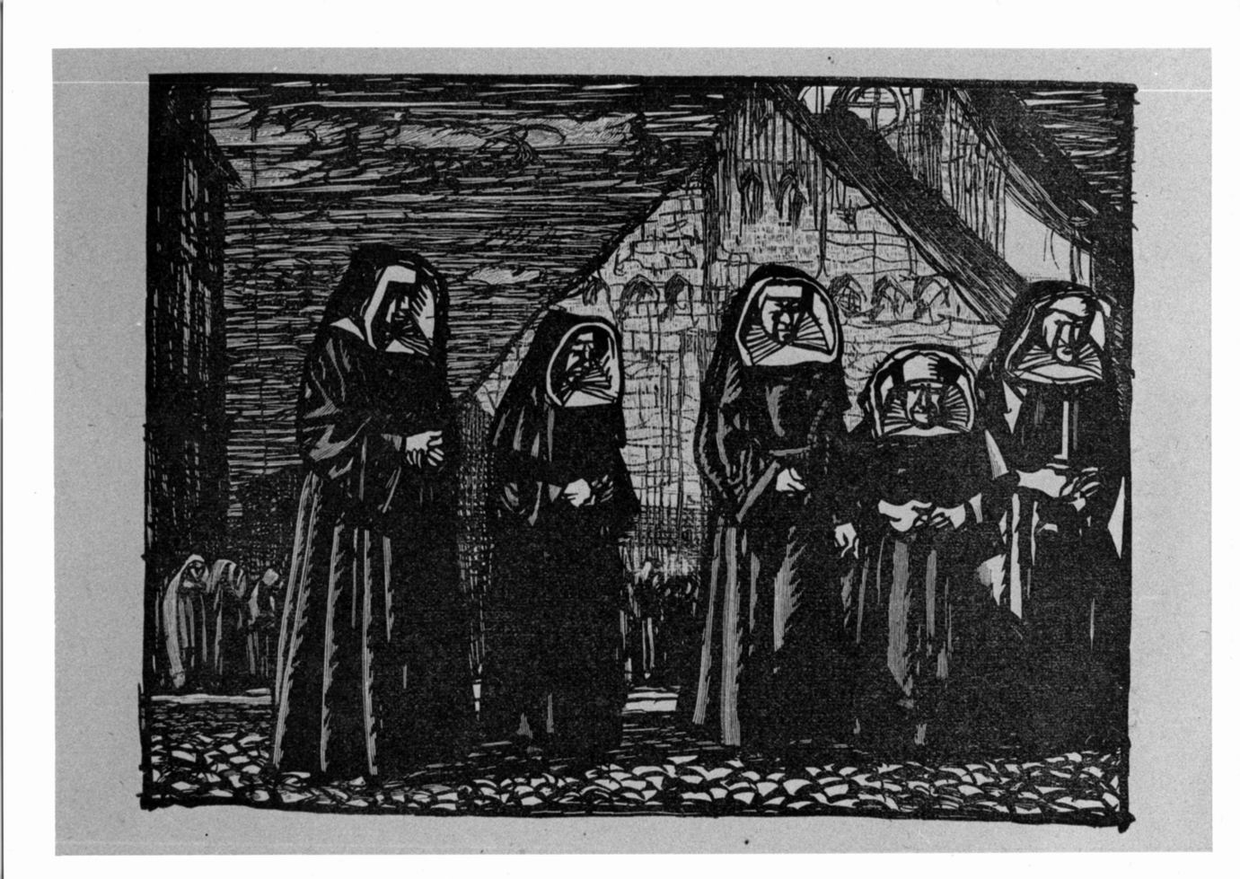 Monache belghe, Cinque monache e chiesa sul fondo (stampa) di Brangwyn Frank (sec. XX)