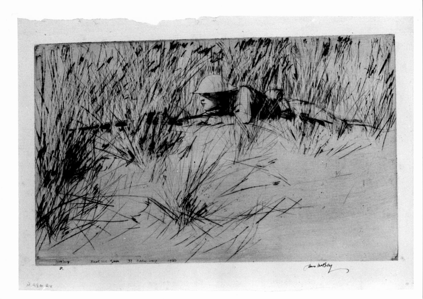 The sniper, Soldato con fucile appostato nell'erba (stampa) di Mc Bey James (sec. XX)