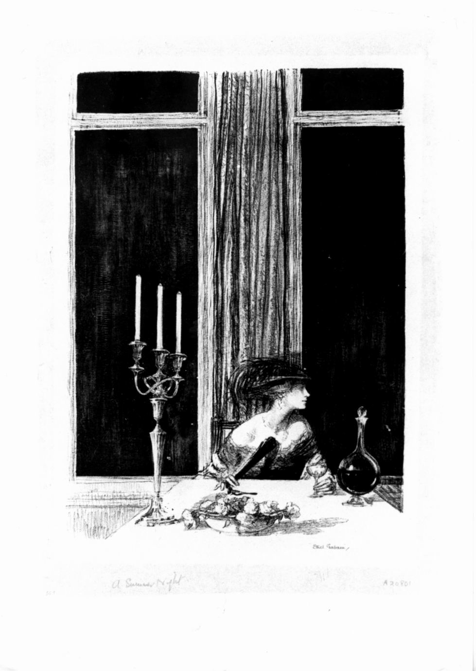 Figura femminile con cappello e ventaglio seduta a tavola (stampa) di Gabain Ethel (sec. XX)