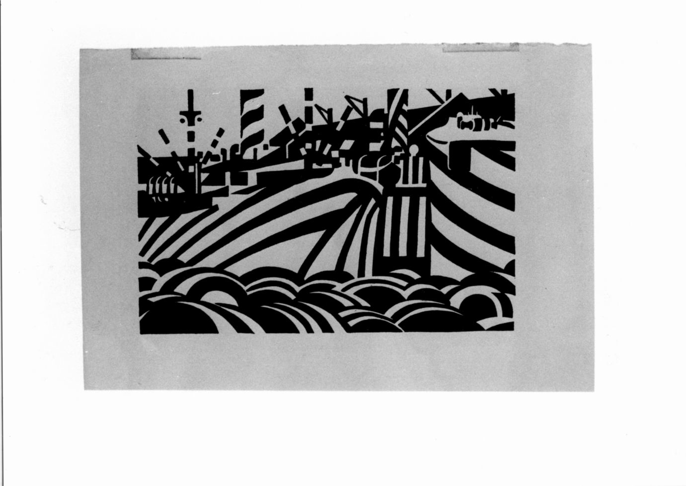 Dock scene, Porto con navi e barili (stampa) di Wadswoth Edward (sec. XX)