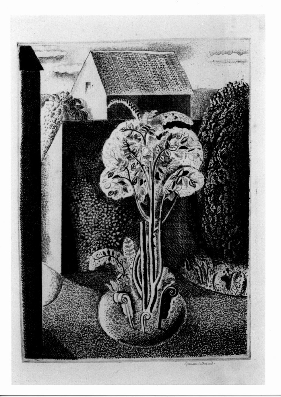 The garden, Paesaggio con casa e albero (stampa) di Sutherland Graham (sec. XX)