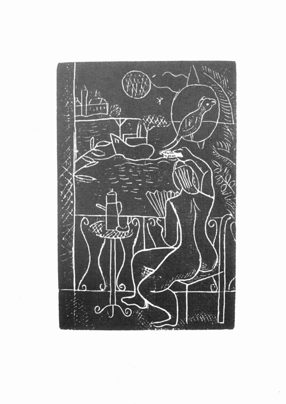 The balcony, Figura femminile e finestra aperta su paesaggio marino (stampa) di Burra Edward (sec. XX)