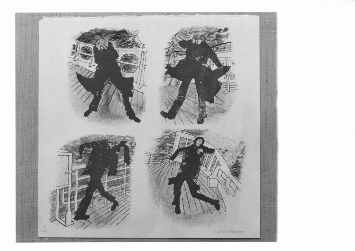 Ship series: man blown in the wind, 4 vignette, ciascuna con figura maschile ondeggiante su ponte di nave (stampa a colori) di Rosoman Leonard (sec. XX)