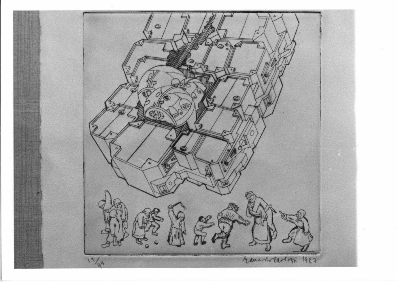 For Leonardo, Costruzione e fila di figure in primo piano (stampa) di Paolozzi Eduardo (sec. XX)