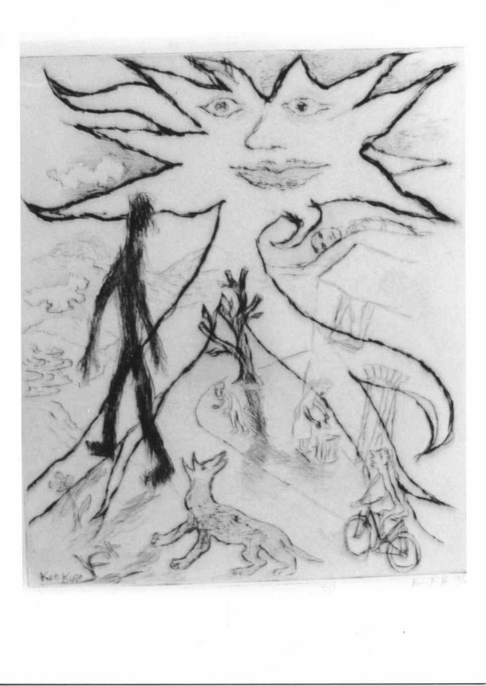 The sun shining down on a street, Strada con figure e sole (stampa) di Kiff Ken (sec. XX)