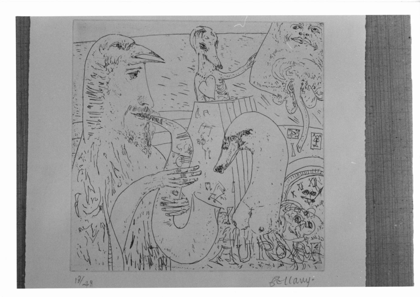 Serendi pity, Gruppo di figure fantastiche con suonatore di sassofano (stampa) di Bellany John (sec. XX)