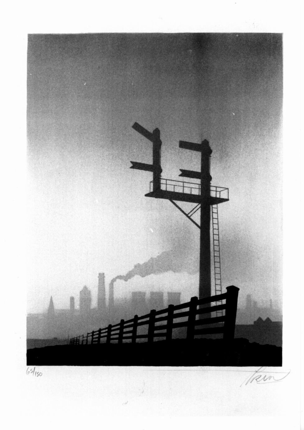 Railway fence, Paesaggio con ciminiere, palizzata e attrezzature ferroviarie (stampa a colori) di Grimshaw Trevor (sec. XX)