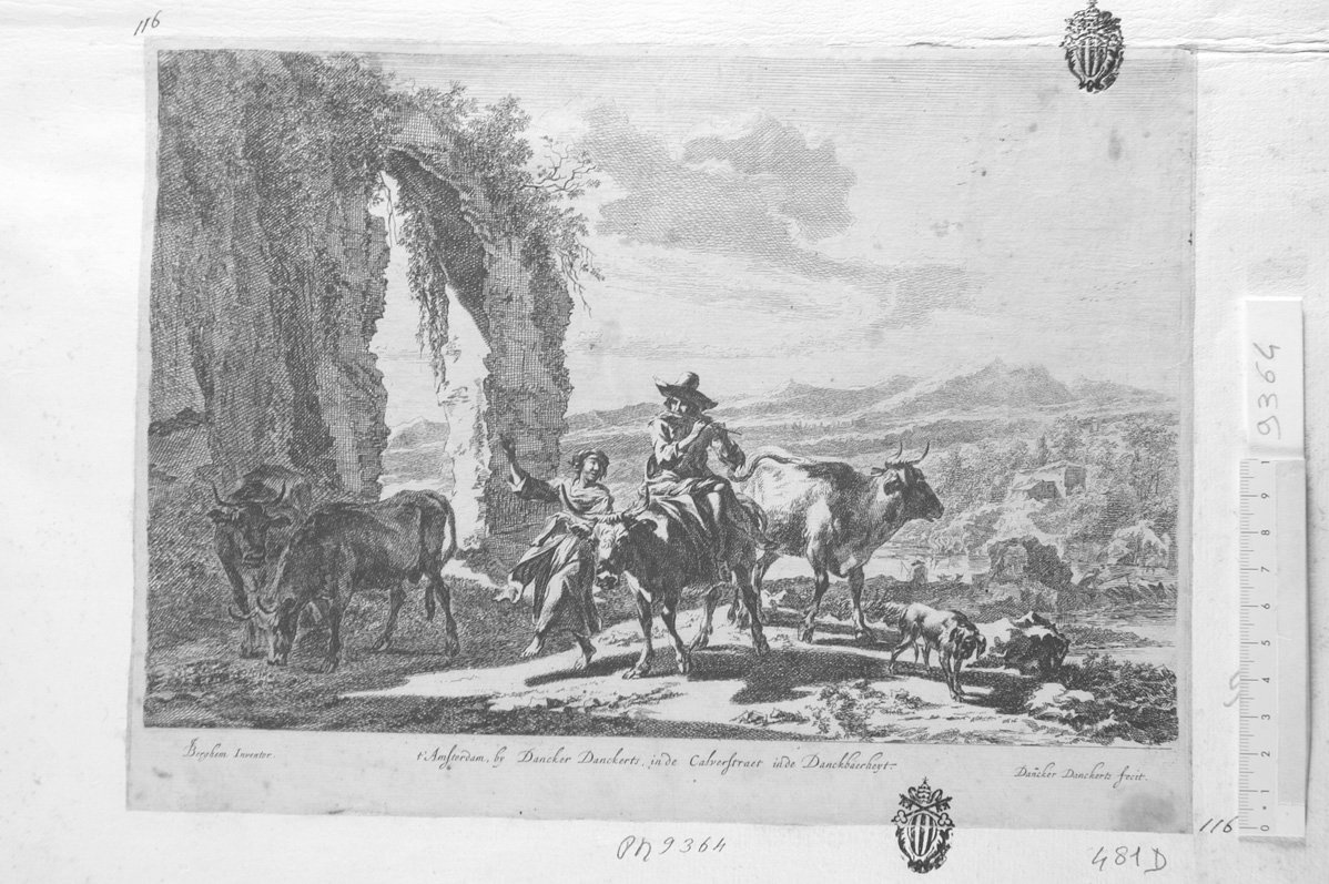 Paesaggio con uomo a cavallo e contadina che danza (stampa) di Danckerts Dancker, Berchem Nicolaes (sec. XVII)