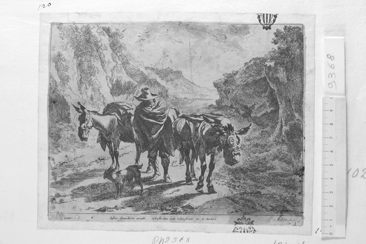 Contadino a piedi, due asini e un cane (stampa) di Visscher Cornelis II, Berchem Nicolaes (sec. XVII)