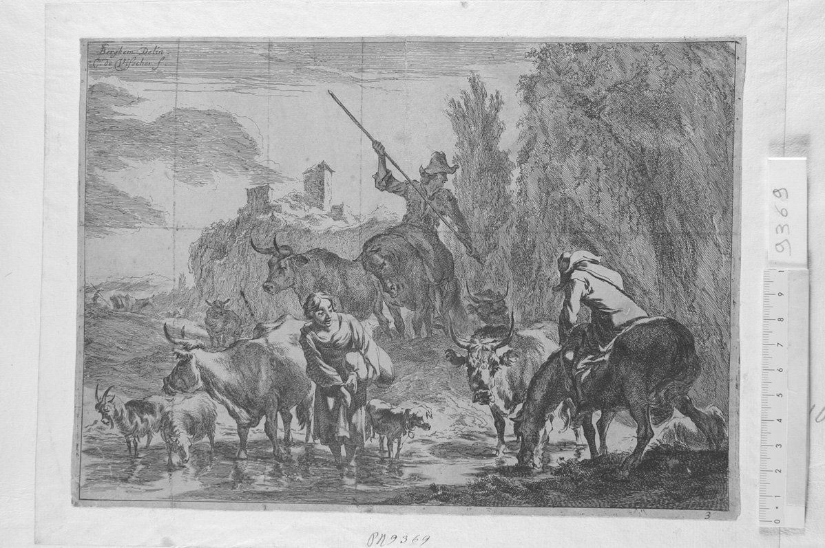 il gregge in marcia (stampa) di Visscher Cornelis II, Berchem Nicolaes (sec. XVII)