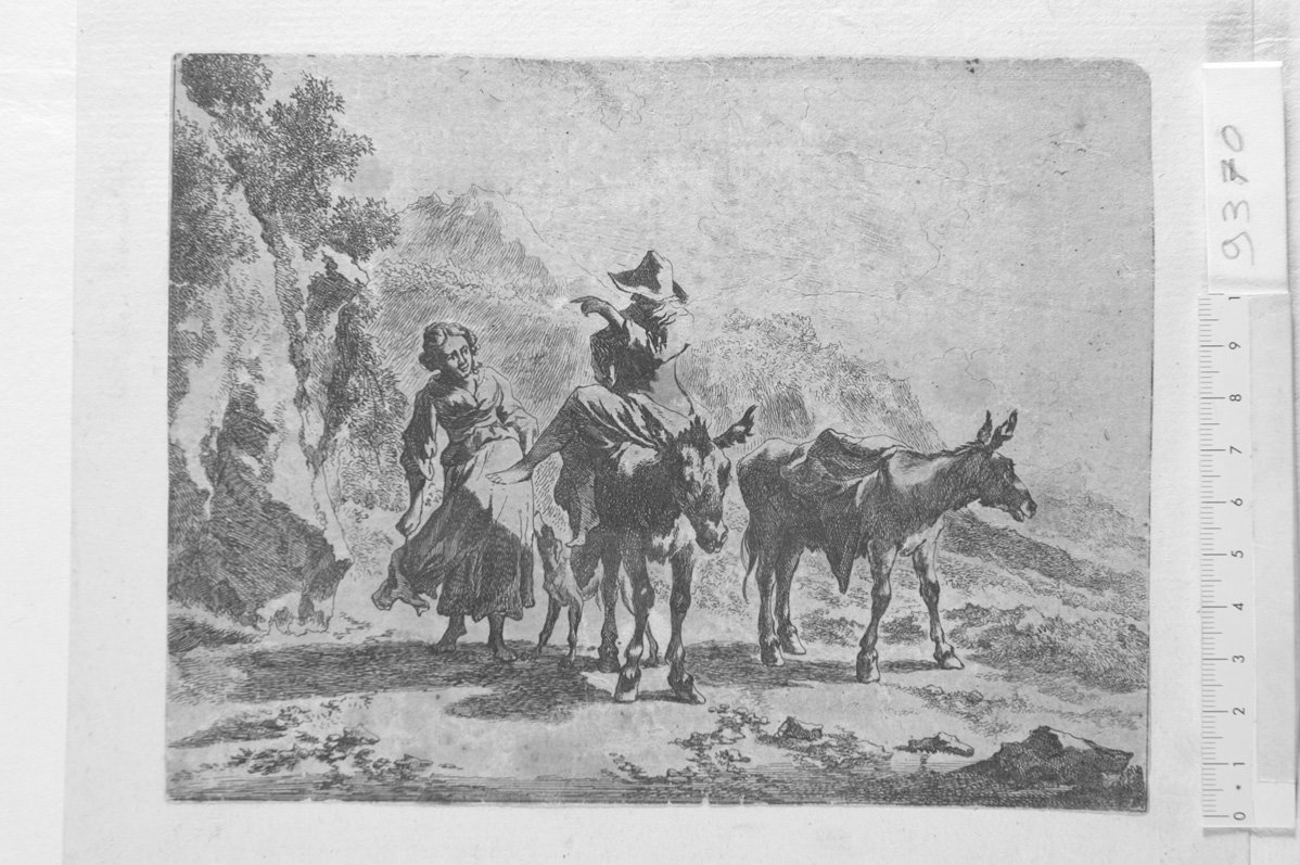 Contadino su un asino e contadinoa a piedi (stampa) di Visscher Cornelis II, Berchem Nicolaes (sec. XVII)