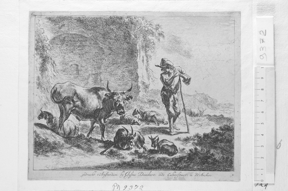 Pastore appoggiato al bastone con vacca e pecore (stampa) di Visscher Cornelis II, Berchem Nicolaes (sec. XVII)