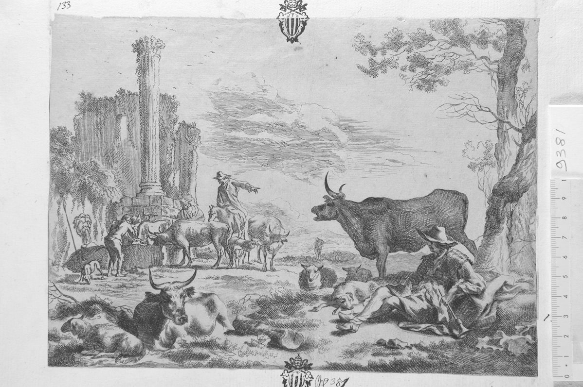 Contadino con vacca presso rovine (stampa) di De Visscher Jan (attribuito) (sec. XVII)