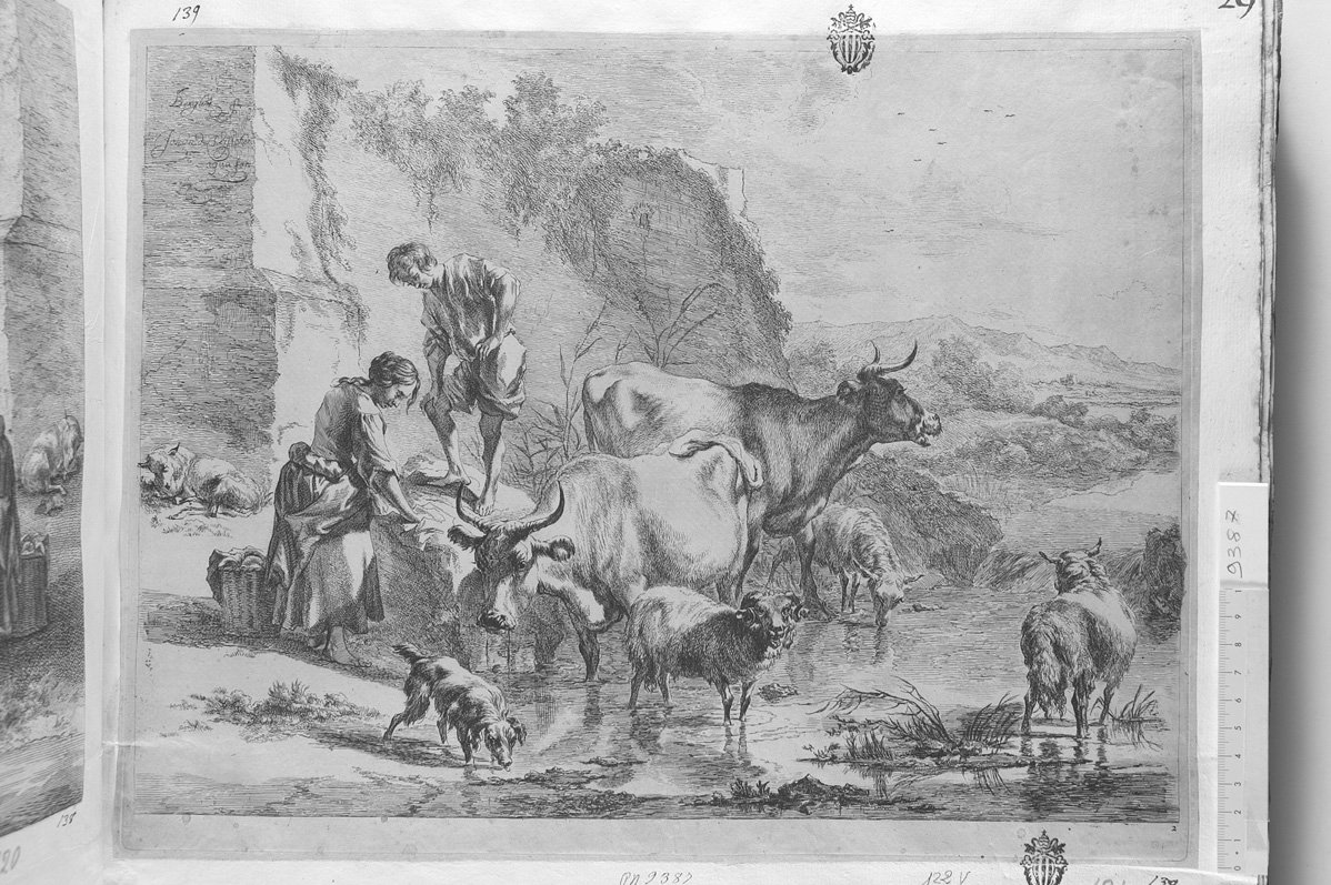 Diversa animalia quadrupedia: paesaggio roccioso con corso d'acqua pastori, vacche ecc (stampa) di Berchem Nicolaes, De Visscher Jan (sec. XVII)