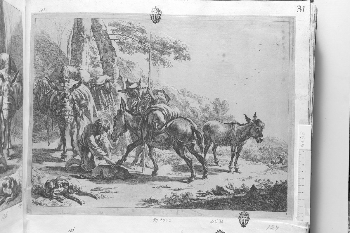 Diversa animalia quadrupedia: contadino che ferra un asino (stampa) di Berchem Nicolaes, De Visscher Jan (sec. XVII)