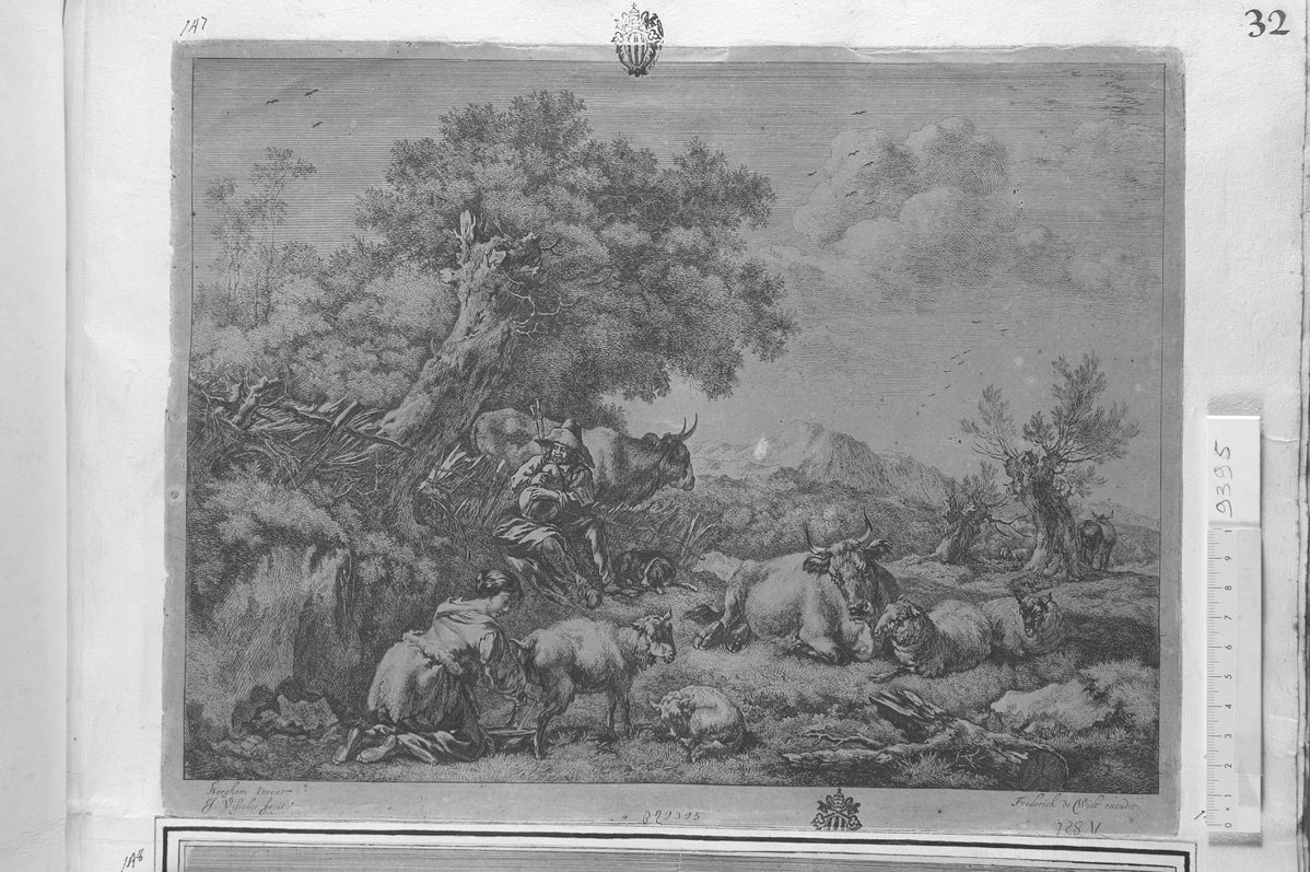 Diversa animalia quadrupedia: pastore con gregge che suona la cornamusa (stampa) di De Visscher Jan, Berchem Nicolaes (sec. XVII)