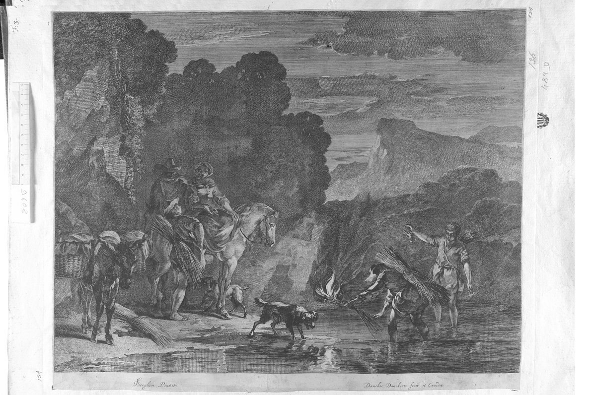 Diversa animalia quadrupedia: chiaro di luna, donna a cavallo, asino, uomini con fascine (stampa) di Danckerts Dancker (sec. XVII)