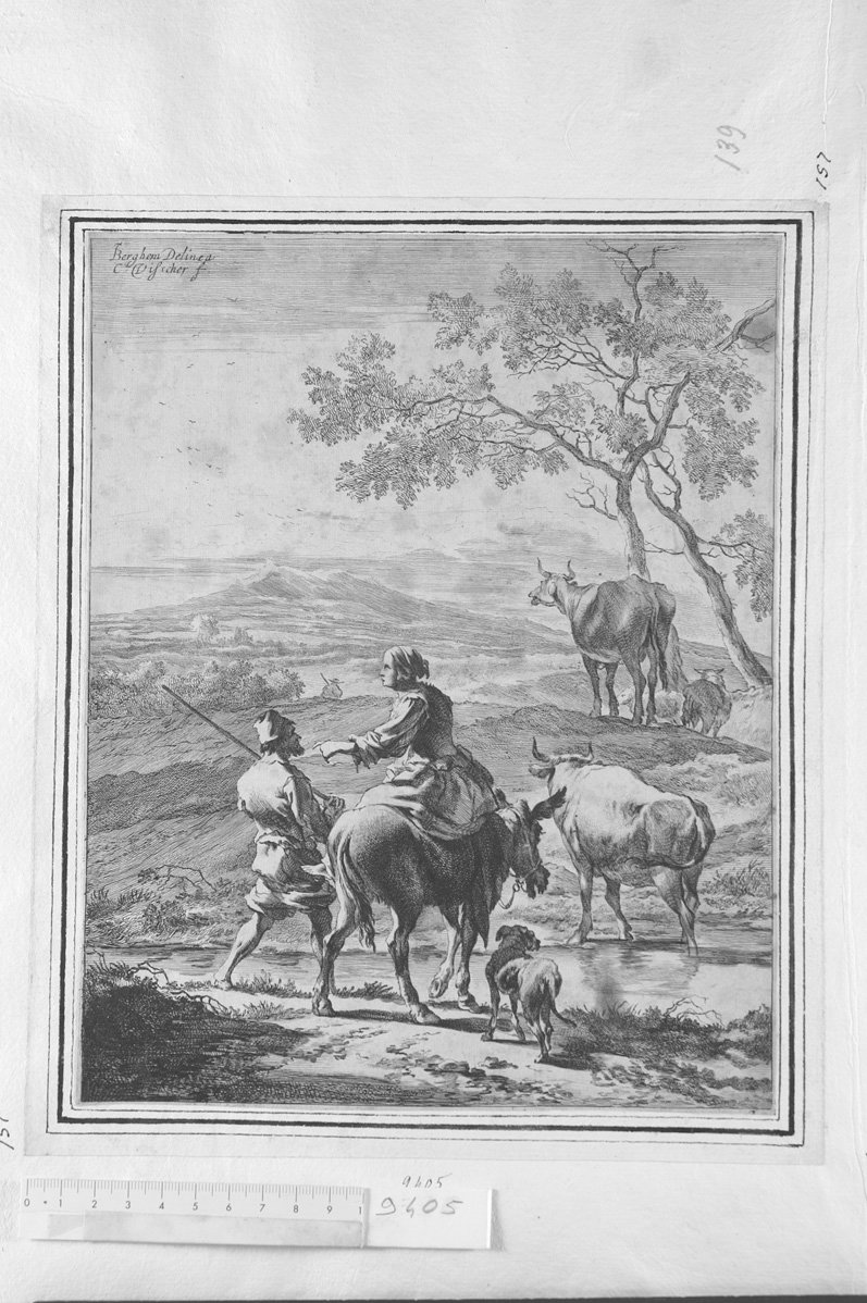 Diversa animalia quadrupedia: contadino su un cavallo e contadino a piedi con un bastone (stampa) di Visscher Cornelis II (sec. XVII)