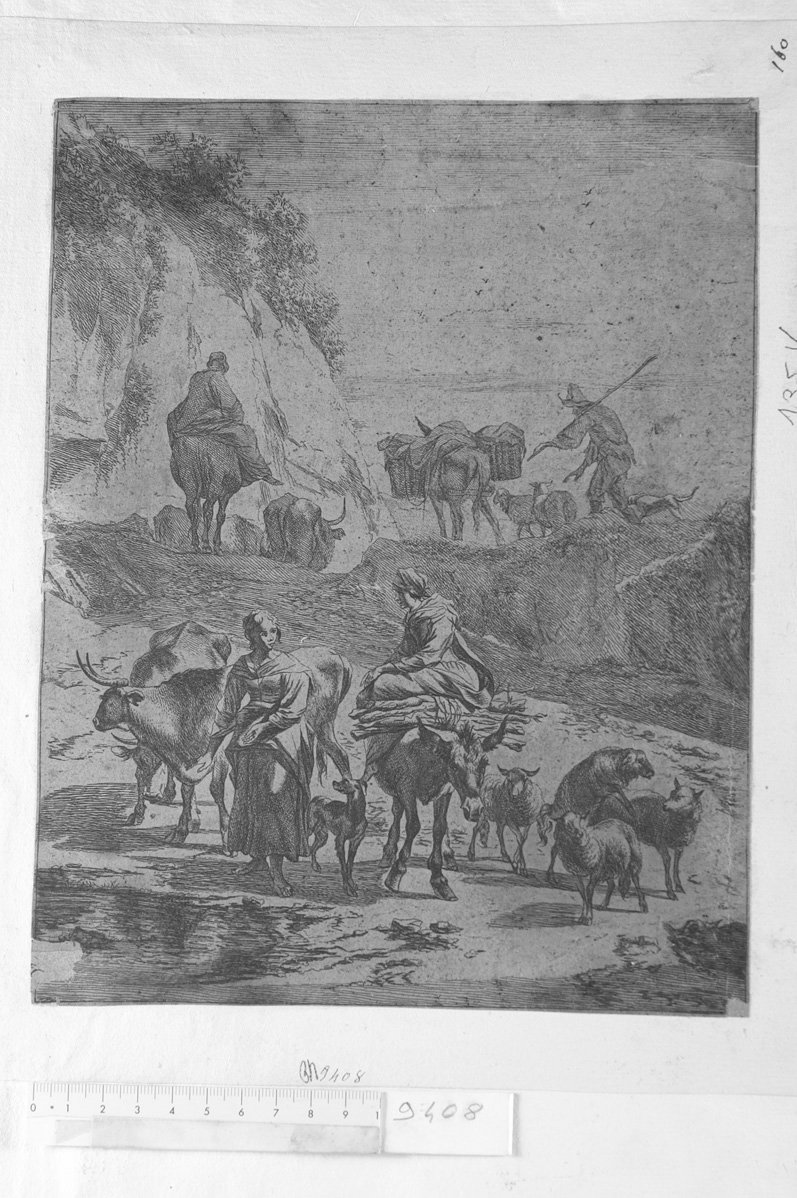 Diversa animalia quadrupedia: contadina con fascine su un asino e sul fondo asino con carico (stampa) di De Visscher Jan (attribuito) (sec. XVII)