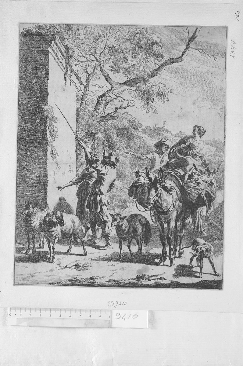 Diversa animalia quadrupedia: donna su somaro con bambino in seno e un cesto, due pastori, pecore e cane (stampa) di Visscher Cornelis II (attribuito) (sec. XVII)