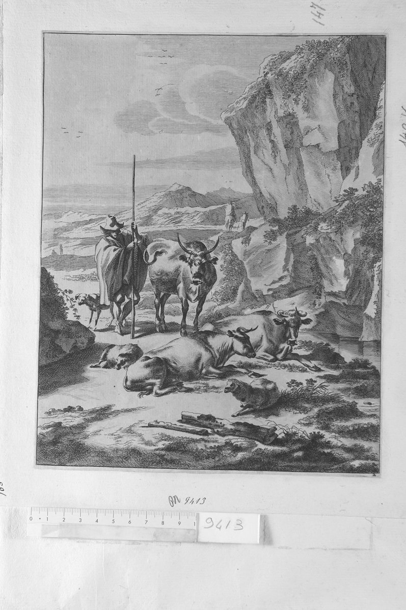 Pastore con bastone e tre vacche presso la roccia (stampa) di Visscher Cornelis II (attribuito) (sec. XVII)