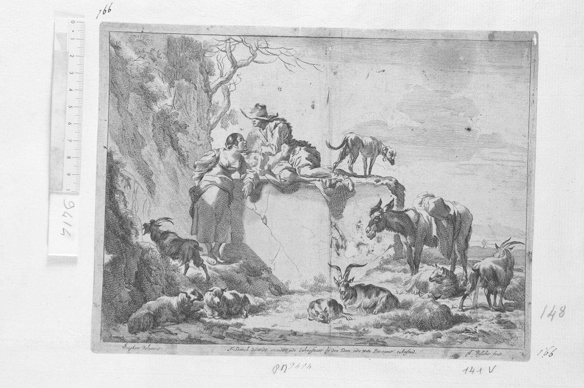 Pastore su macigno che parla con pastorella e gregge (stampa) di De Visscher Jan (sec. XVII)