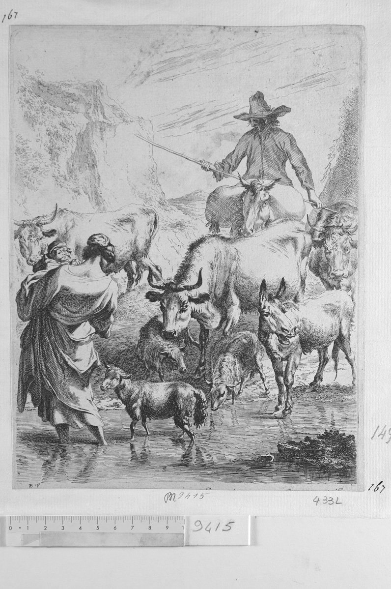 Famiglia di pastori con gregge che guarda corso d'acqua (stampa) di Landry Pierre (attribuito) (sec. XVII)