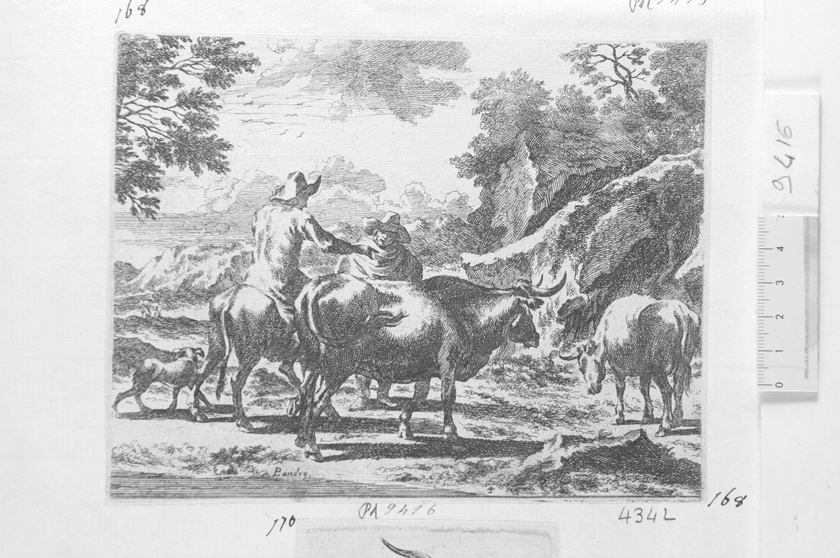 Un pastore su un vacca, altro a piedi e vacche (stampa) di Landry Pierre (sec. XVII)