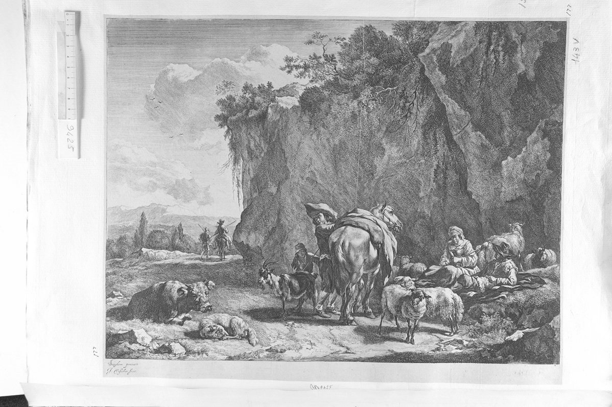 Pastore che sta per montare a a cavallo e pastorella che fila presso una roccia (stampa) di De Visscher Jan (sec. XVII)