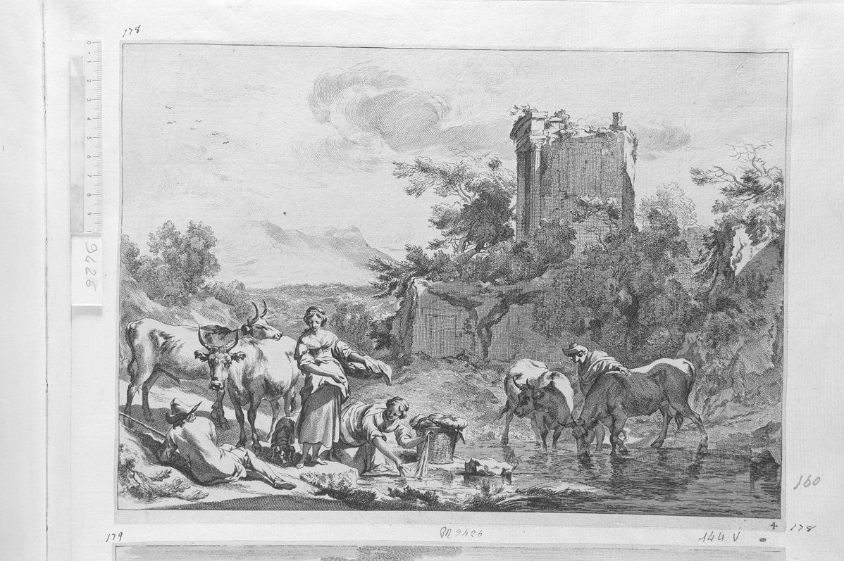 Contadine che lavano al ruscello, pastore, vacche e ruderi (stampa) di De Visscher Jan (sec. XVII)