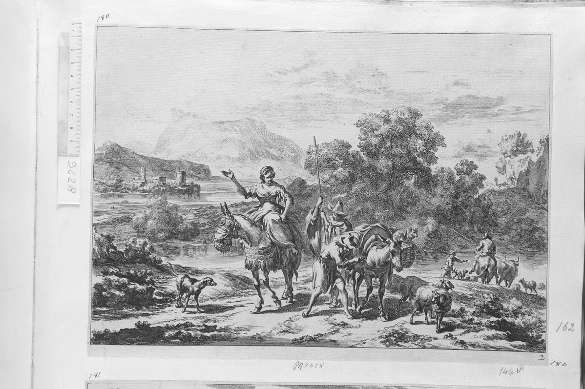 Contadina su somaro agghindato, pastore con pastore ed altro a un cavallo (stampa) di De Visscher Jan (sec. XVII)