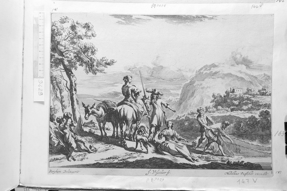 Cavaliere piumato, contadina su cavallo, contadino che beve, pescatori con rete (stampa) di De Visscher Jan (sec. XVII)