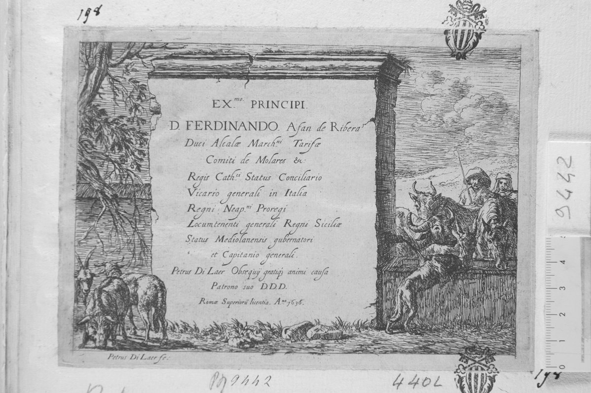 Animali vari: frontespizio con dedica a "PRINCIPI D FERDINANDO ASAN DE RIBERA" (stampa) di Van Laer Pieter Jacobsz detto Bamboccio (sec. XVII)