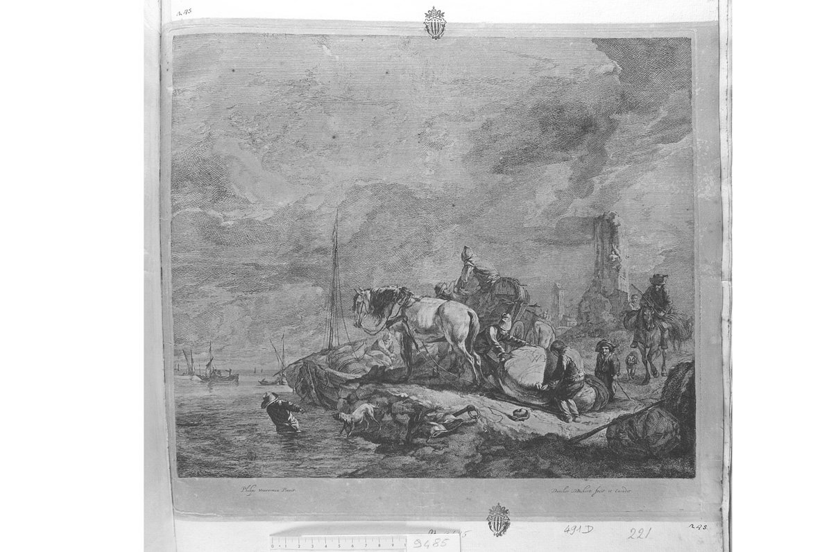 Marina con degli uomini che caricano della mercanzia (stampa) di Danckerts Dancker (sec. XVII)