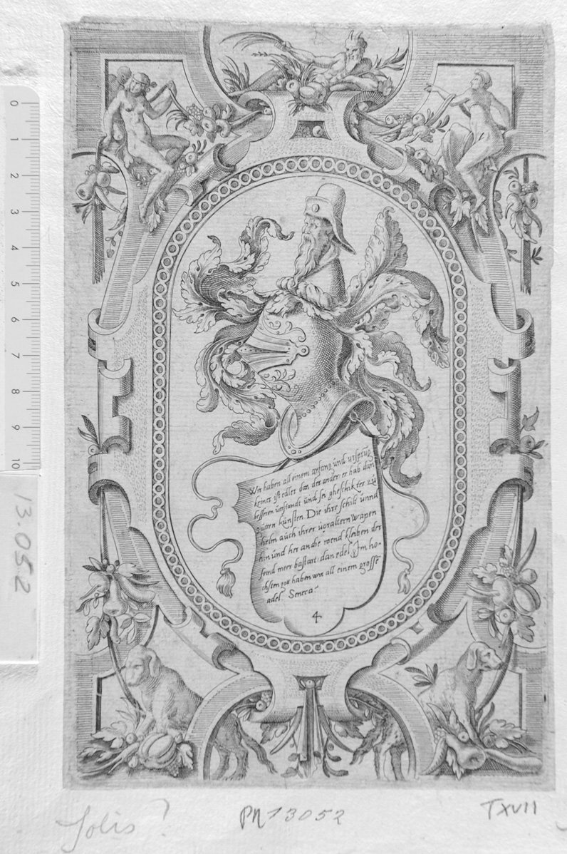 Ornatto con figure (busto di vecchio con elmo...) (stampa) - ambito tedesco (sec. XVII)