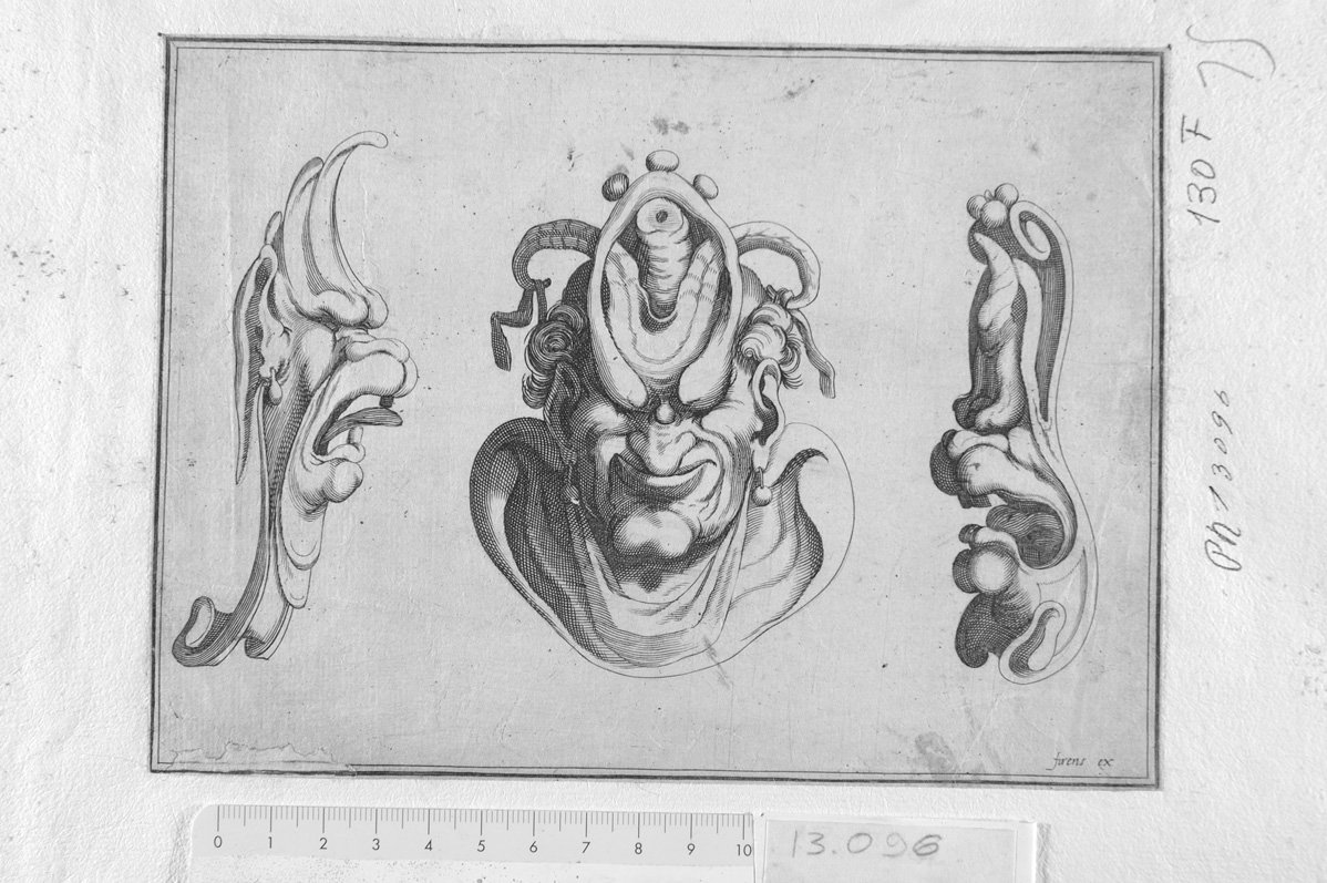 tre motivi decorativi con mascheroni (stampa) - ambito tedesco (sec. XVII)