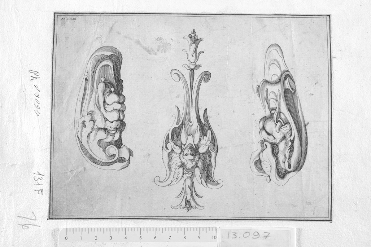 tre motivi quello di mezzo con testa di donna (stampa) - ambito tedesco (sec. XVII)