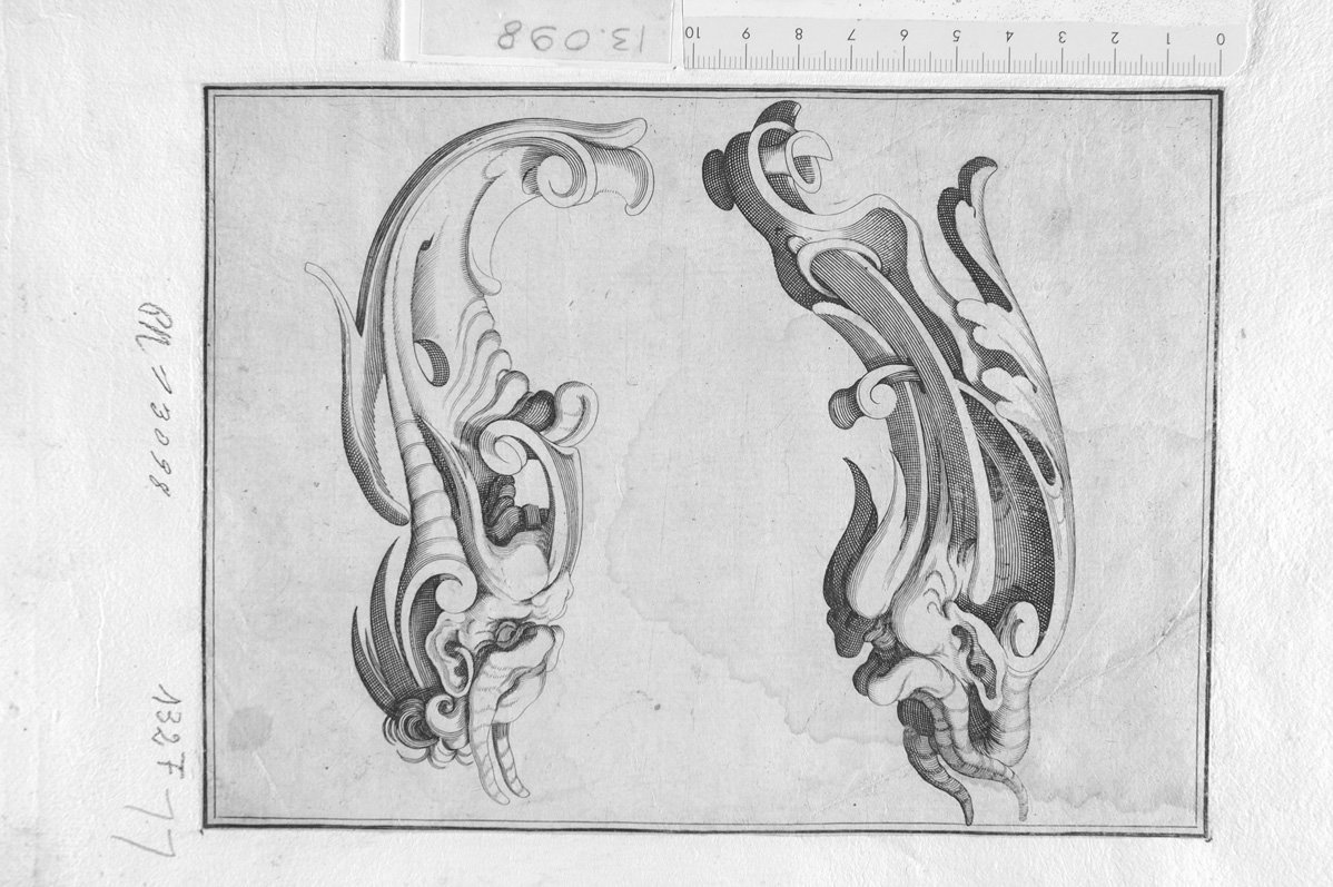 motivi decorativi con mascheroni (stampa) - ambito tedesco (sec. XVII)