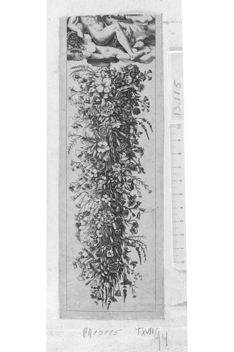 Fregio candeliere formato di fiori, in alto un uomo nudo in parte (stampa) - ambito tedesco (sec. XVII)