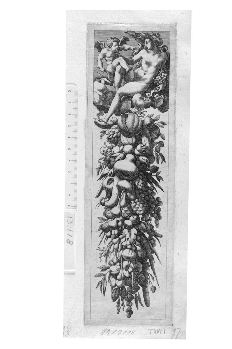 Fregio a candeliere formato con frutta, in alto Cerere e un amorino (stampa) - ambito tedesco (sec. XVII)