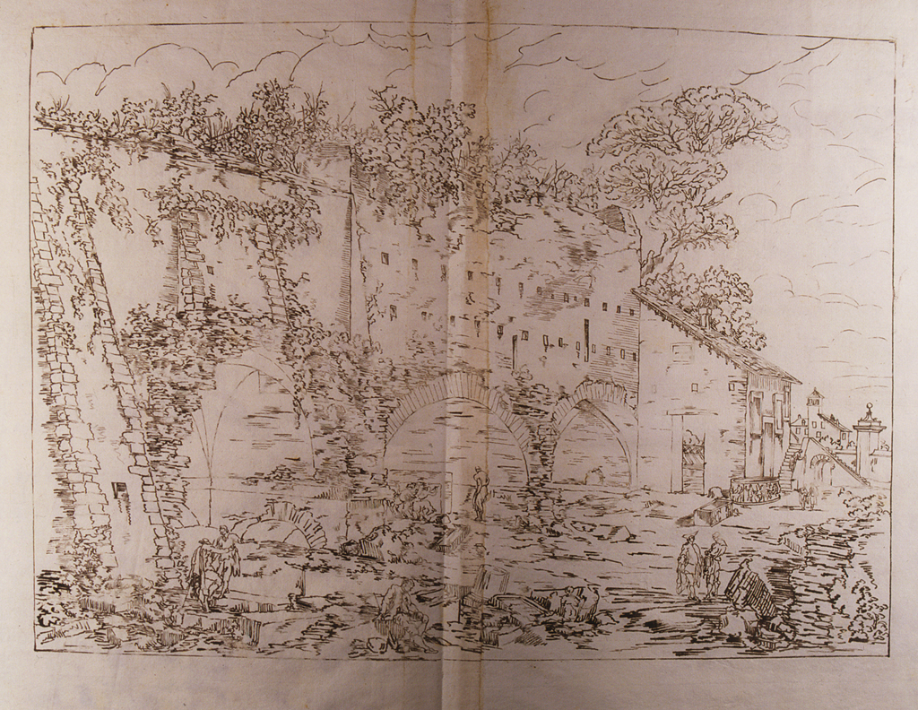 veduta con architetture antiche in rovina (disegno) di Basoli Antonio (sec. XIX)