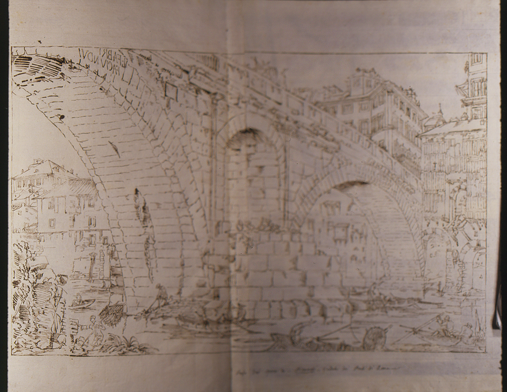 veduta con architetture e ponte (disegno) di Basoli Antonio (sec. XIX)