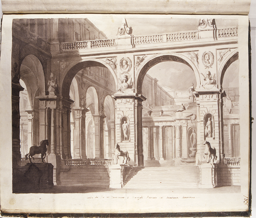 prospettiva di palazzo con cortile (disegno) di Basoli Antonio (sec. XIX)