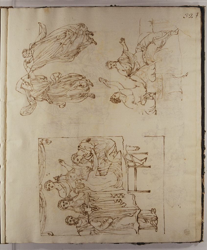 Banchettante ed etera; Menadi danzanti; Alcesti e Admeto (disegno) di Basoli Antonio (sec. XIX)