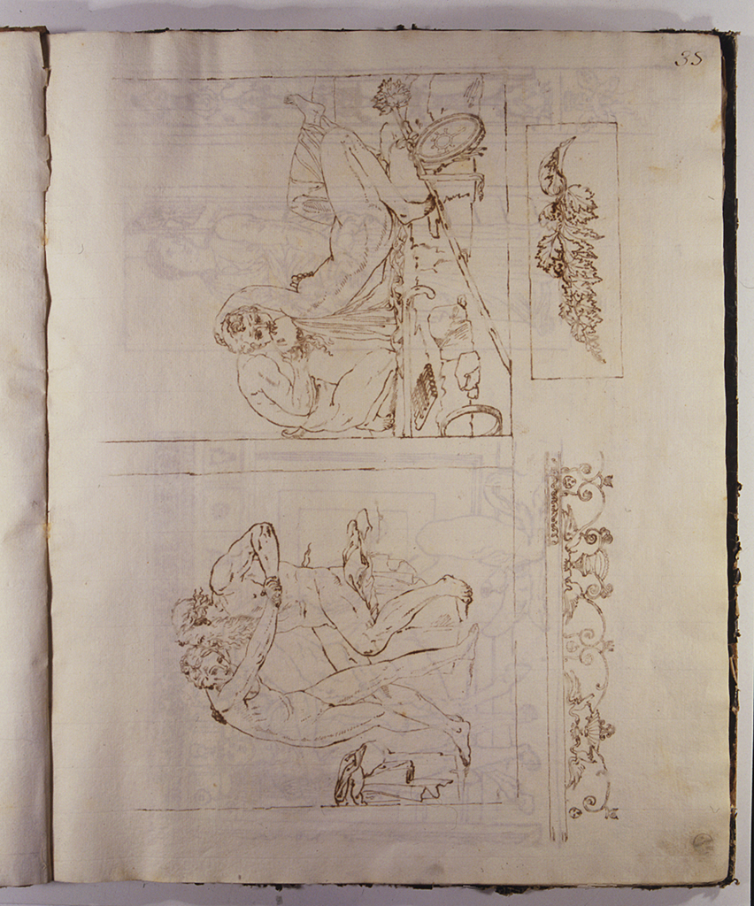 Scene amorose; fregio decorativo; motivo vegetale (disegno) di Basoli Antonio (sec. XIX)