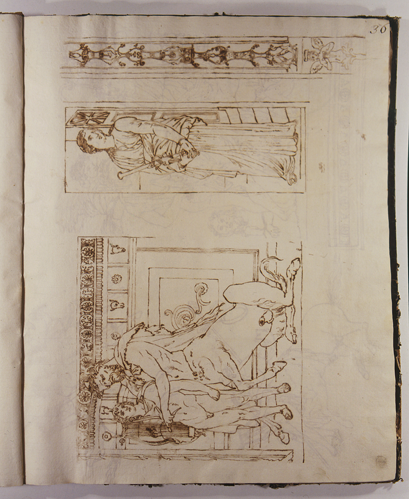 Achille e il centauro Chirone; Medea medita di uccidere i figli; motivi decorativi (disegno) di Basoli Antonio (sec. XIX)