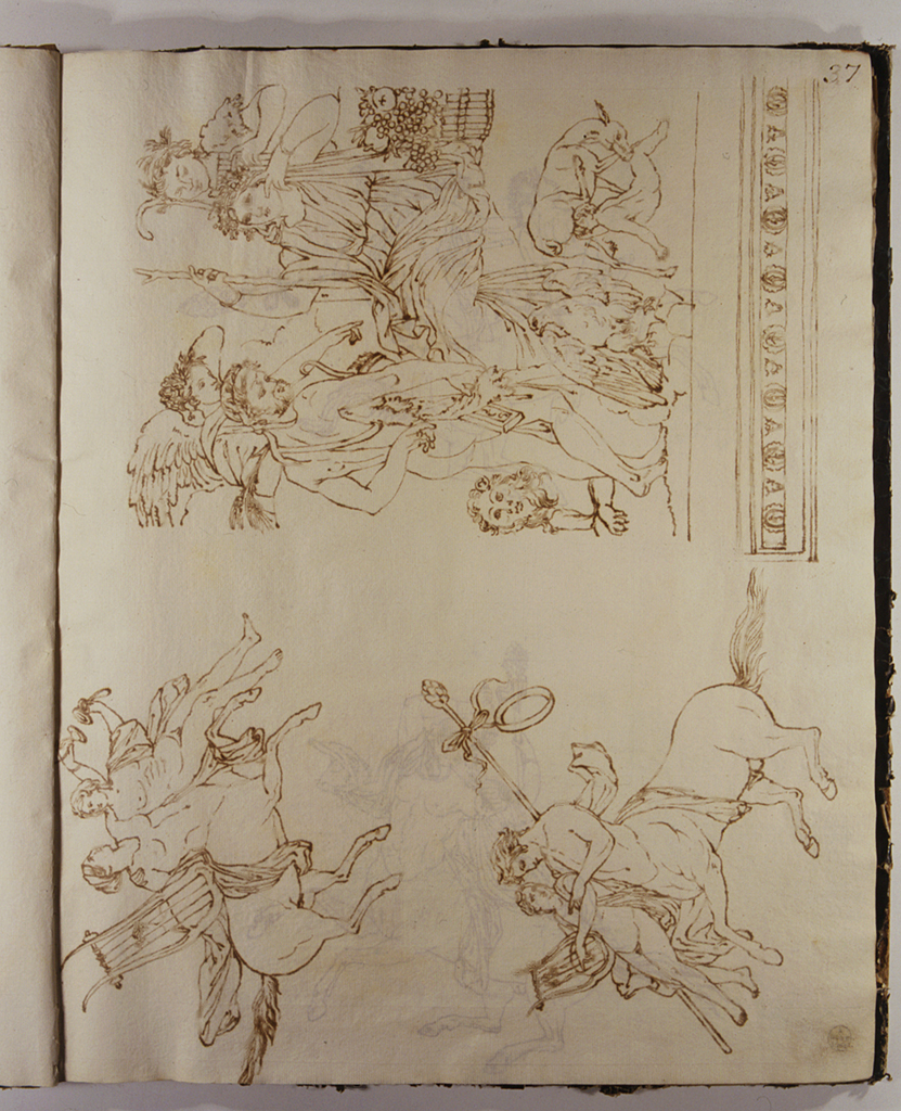 Centauressa con cetra ed ermafrodito con cembali; Centauro ed ermafrodito con tirso e cetra; Ercole ritrova il figlioletto Telefo (disegno) di Basoli Antonio (sec. XIX)