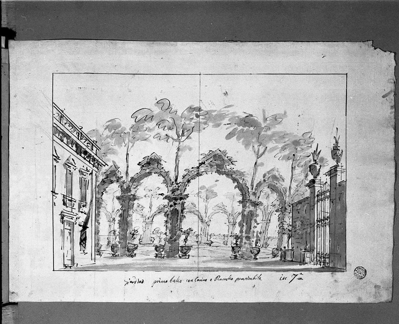 giardino con pergolati; cancello a destra (disegno) di Galliari Giuseppino (attribuito) (sec. XVIII)